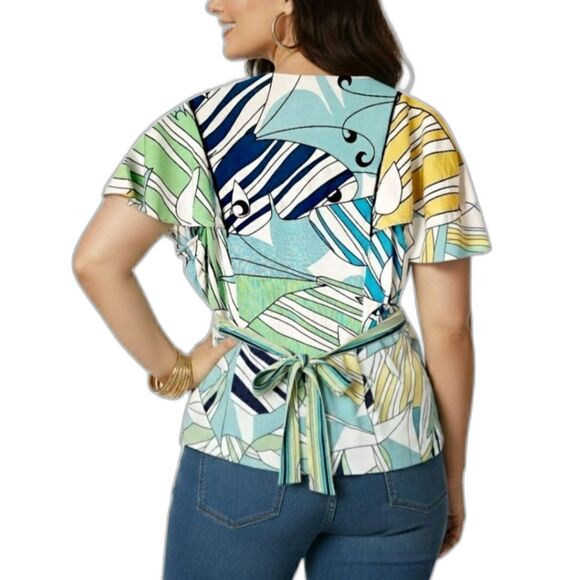 BCBGMAXAZRIA Abstract Art Deco Butterfly Blouse Striped Belted Peplum Top Sz M - Picture 3 of 15